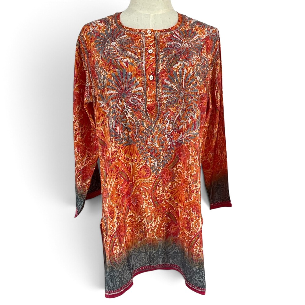 Love Kyla Orange Paisley Hand Embroidered Silk Blend Tunic Blouse Medium